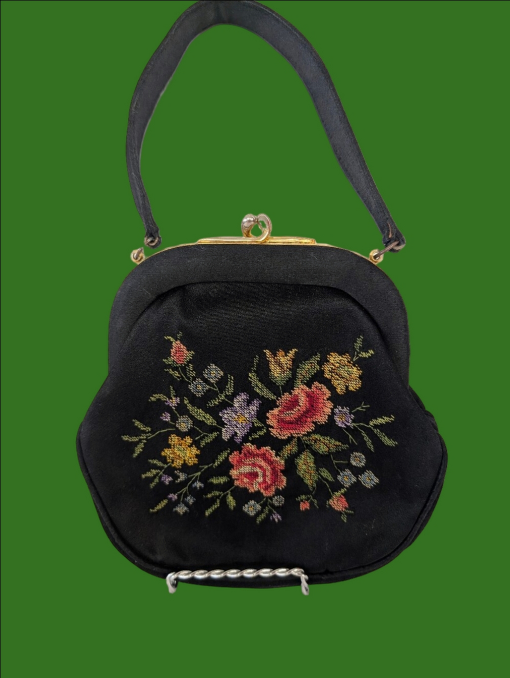 VINTAGE Bag Black Floral PETITE POINT Embroidered Handbag 1940s Bag